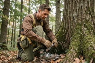 Élagueur professionnel attachant ses crampons d'élagage aux bottes avant de grimper à un chêne en forêt