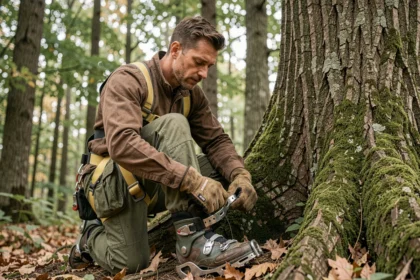 Élagueur professionnel attachant ses crampons d'élagage aux bottes avant de grimper à un chêne en forêt