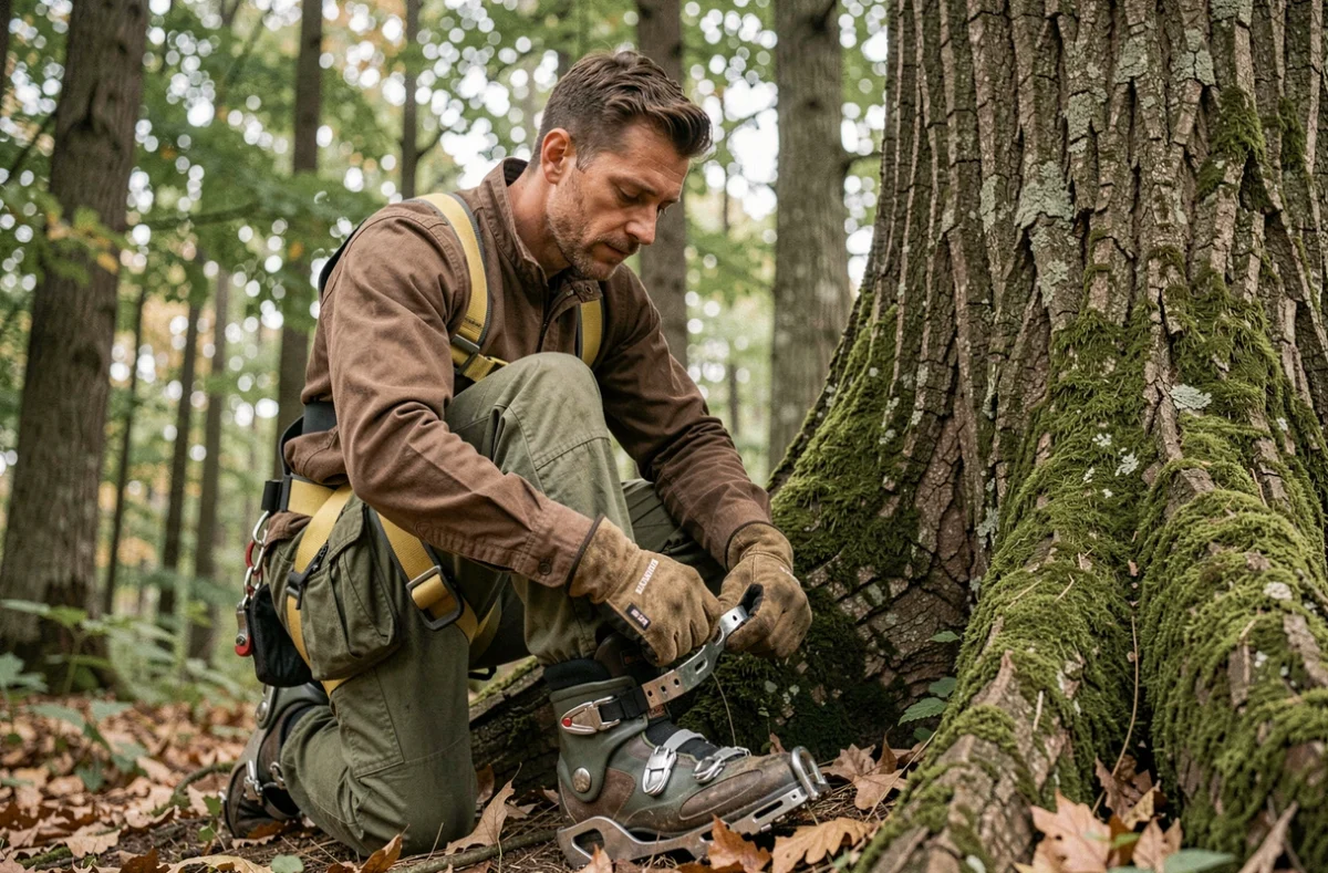 Élagueur professionnel attachant ses crampons d'élagage aux bottes avant de grimper à un chêne en forêt