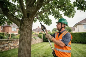 Élagueur professionnel taillant un grand chêne dans un jardin résidentiel à Yerres avec une perche élagueuse