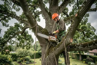 Élagueur professionnel en hauteur dans un chêne avec harnais et tronçonneuse dans l'Oise