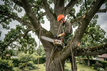 Élagueur professionnel en hauteur dans un chêne avec harnais et tronçonneuse dans l'Oise