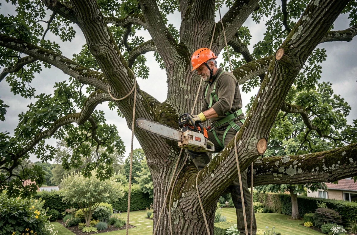 Élagueur professionnel en hauteur dans un chêne avec harnais et tronçonneuse dans l'Oise