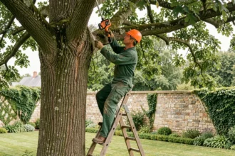 Élagueur professionnel en tenue de sécurité taillant les branches d'un chêne dans un jardin suburban français