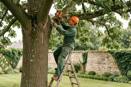 Élagueur professionnel en tenue de sécurité taillant les branches d'un chêne dans un jardin suburban français