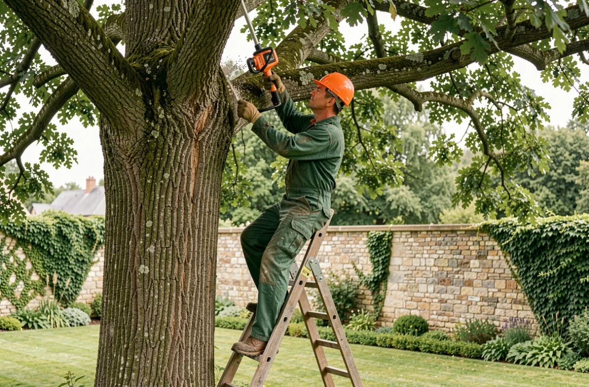 Élagueur professionnel en tenue de sécurité taillant les branches d'un chêne dans un jardin suburban français