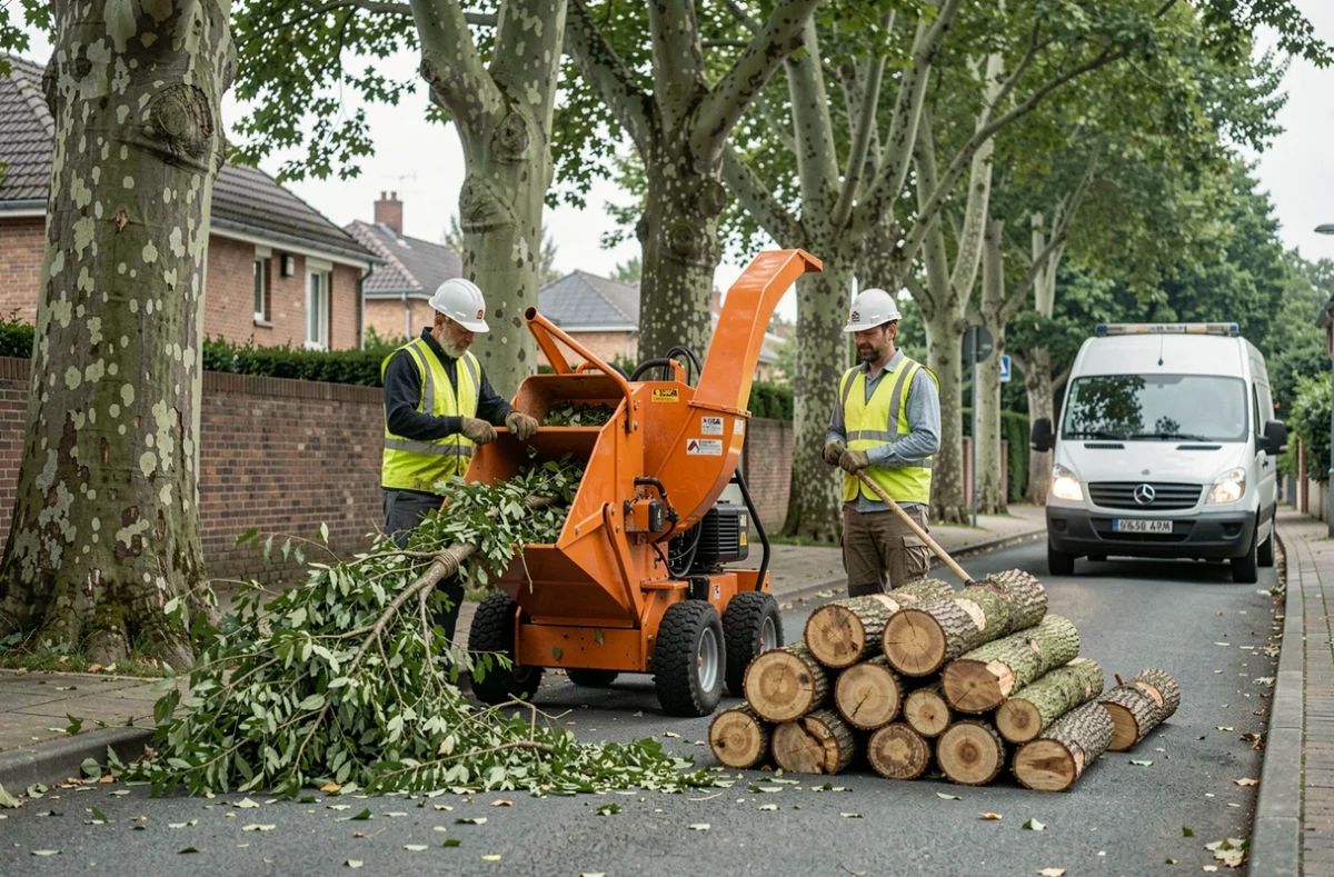 Deux élagueurs utilisant un broyeur de branches dans une rue résidentielle de l'Oise
