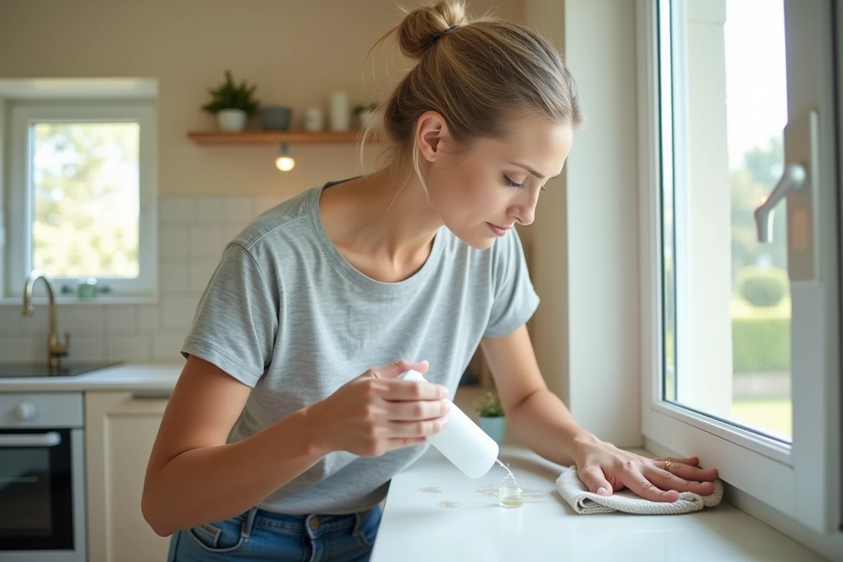 Femme appliquant un solvant sur un cadre de fenêtre en PVC pour enlever une tache de colle