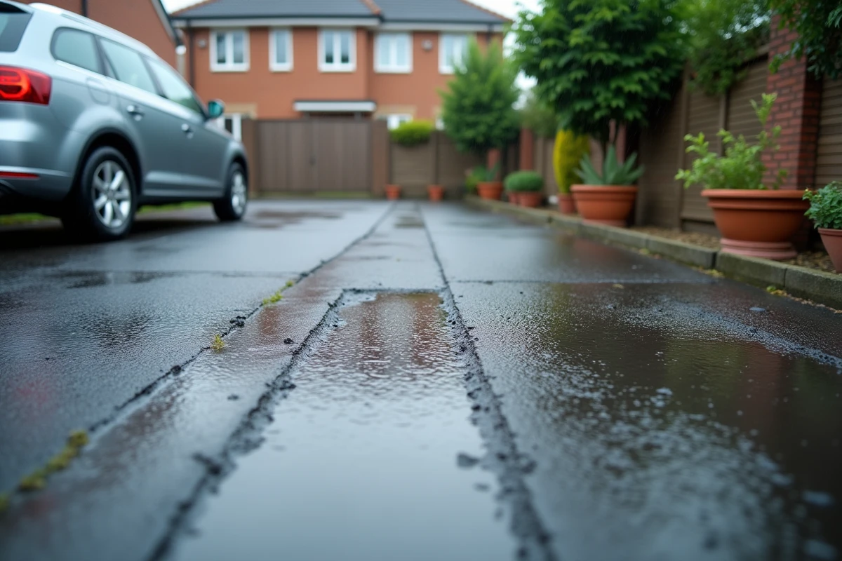Surface en enrobé drainant absorbant la pluie dans un parking résidentiel, comparée à un enrobé classique formant des flaques d'eau
