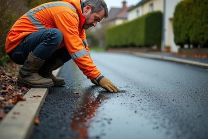 Ouvrier inspectant un enrobé drainant nouvellement posé sur une allée résidentielle, mettant en valeur la texture poreuse du revêtement perméable
