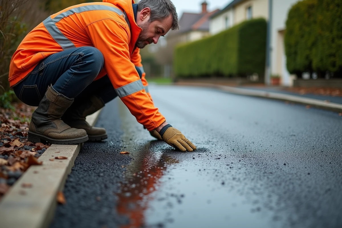 Ouvrier inspectant un enrobé drainant nouvellement posé sur une allée résidentielle, mettant en valeur la texture poreuse du revêtement perméable