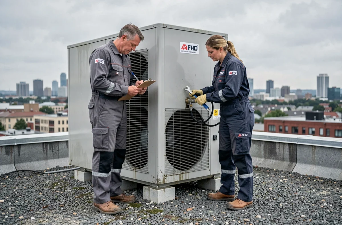 Deux techniciens réalisant l'entretien annuel d'une pompe à chaleur air-eau sur un toit commercial en milieu urbain
