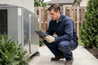 Technicien en train d'inspecter une pompe à chaleur air-eau extérieure lors d'une opération de maintenance