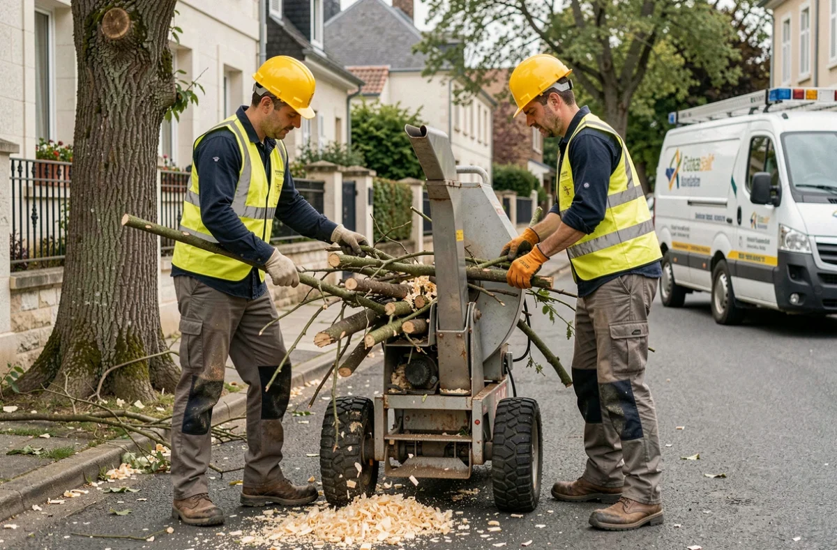 Deux élagueurs utilisant un broyeur de branches devant une maison résidentielle lors d'une intervention d'élagage
