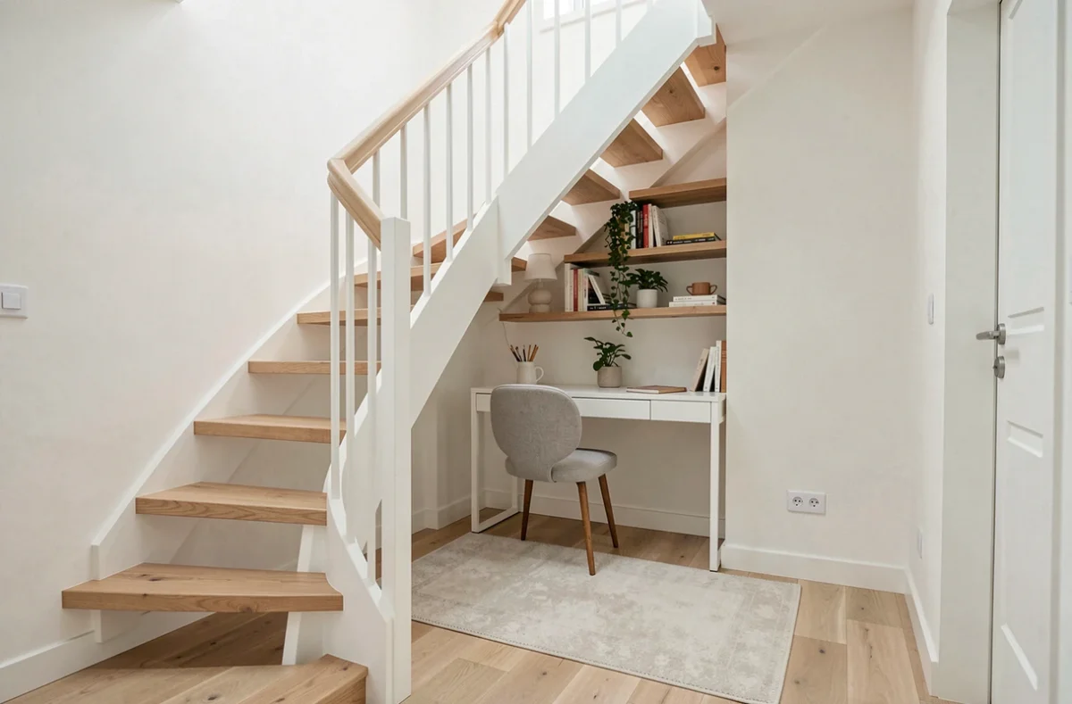 Espace sous escalier aménagé en bureau compact avec étagères en bois et chaise dans un intérieur scandinave moderne