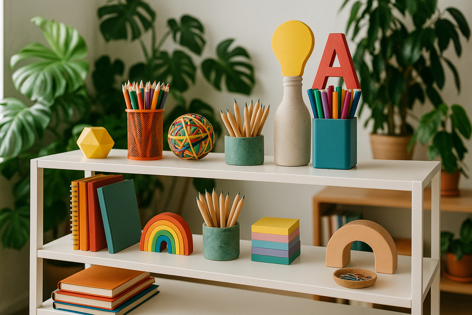 Espace de travail créatif avec étagères blanches et plantes vertes