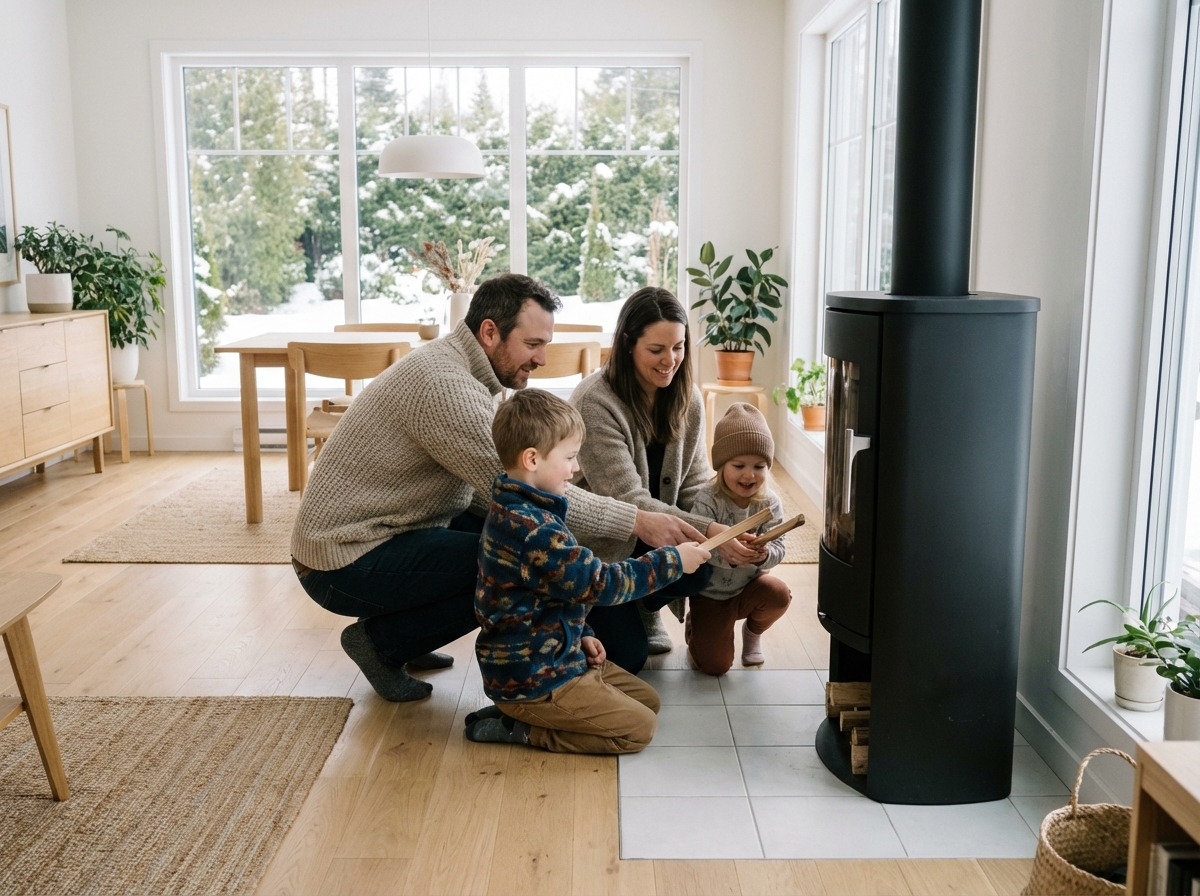Famille réunie autour du poêle en intérieur lumineux