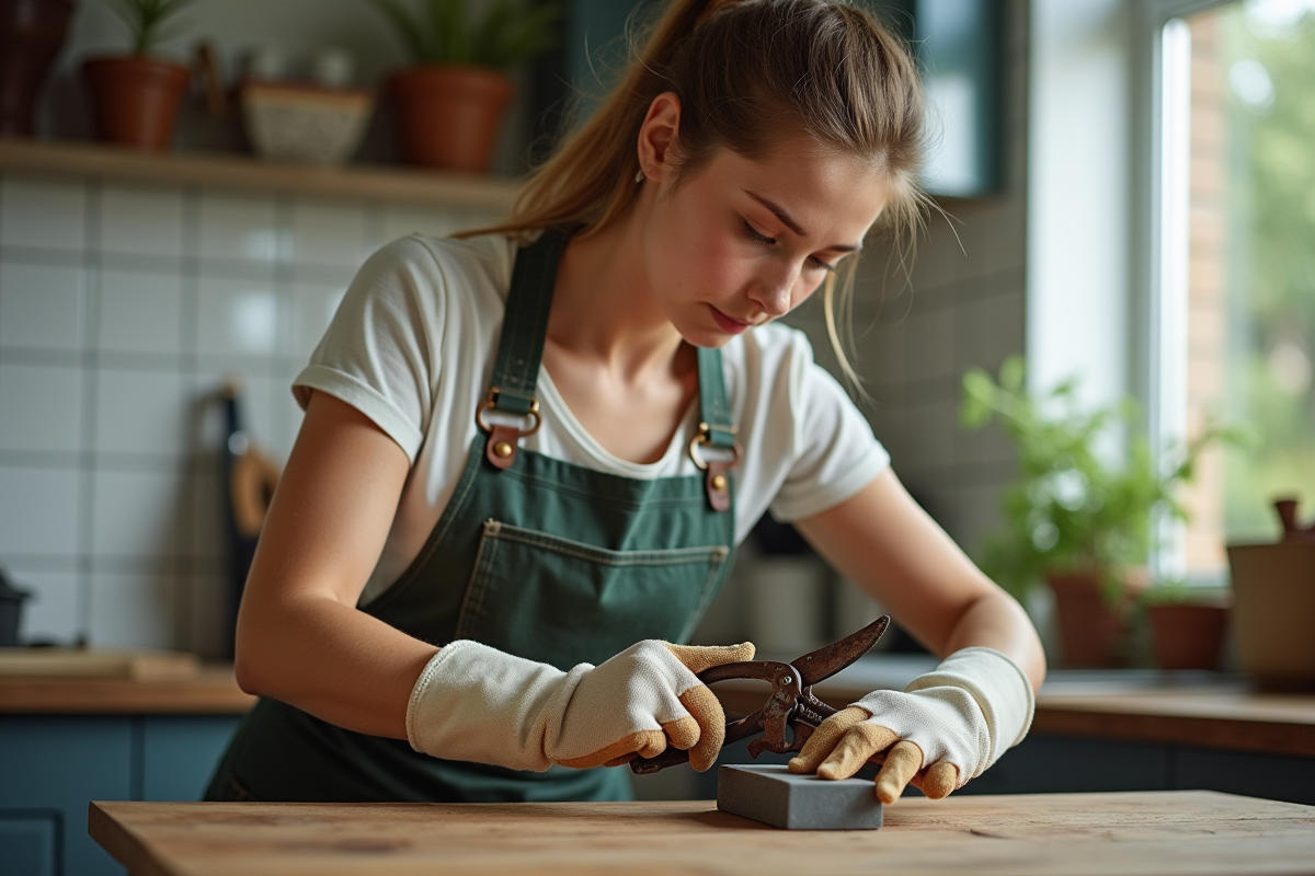 Jeune femme aiguisant des outils de jardinage à l