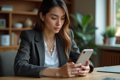 Femme consultant la grille tarifaire de l'application mobile lamaison360 sur smartphone dans un bureau à domicile