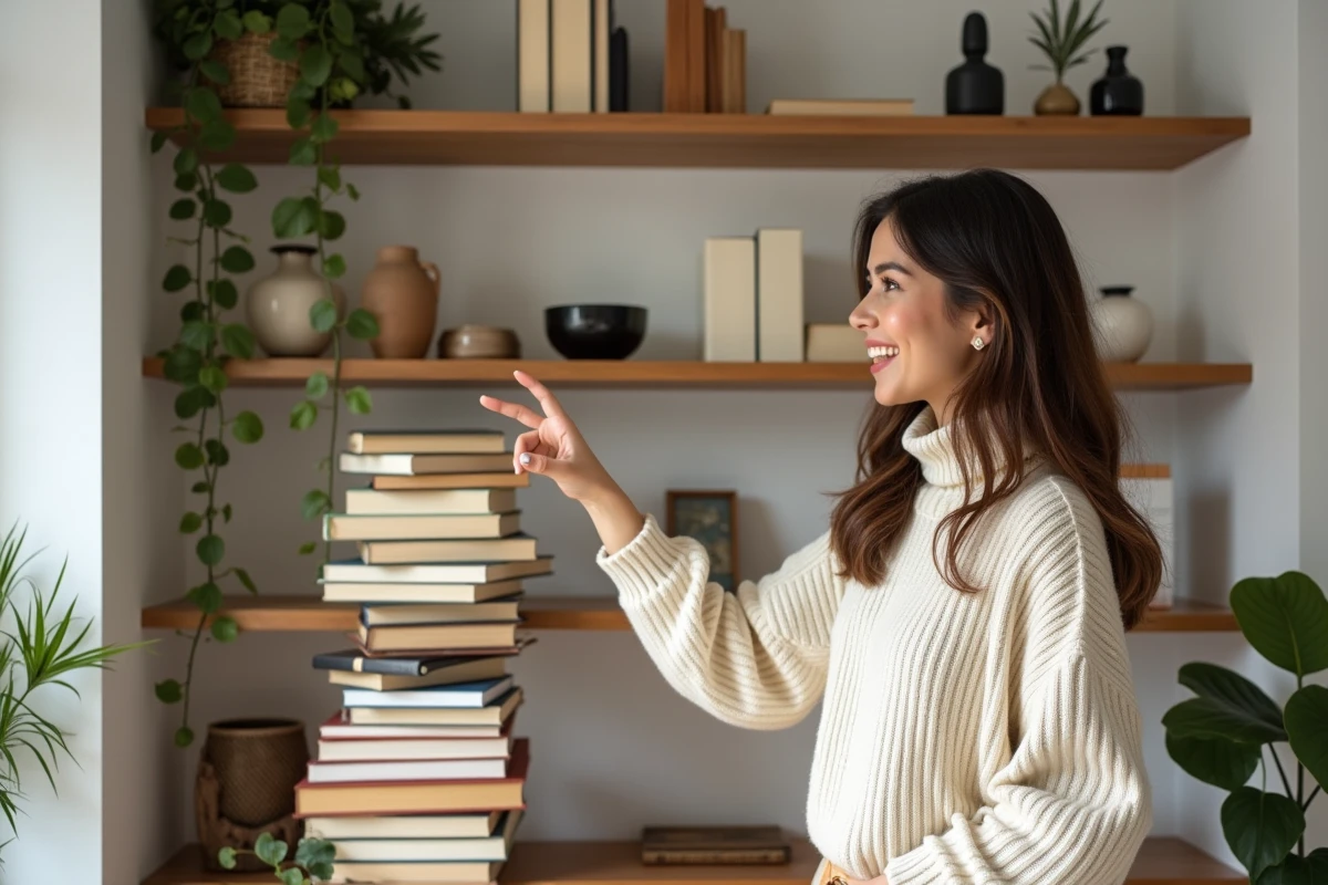 Femme montrant un effet lévitation de livres dans une bibliothèque de salon avec book stacker invisible