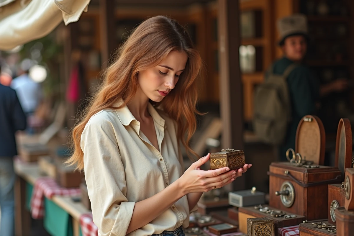 Jeune femme inspectant une boîte à bijoux art déco dorée sur un stand de marché aux puces