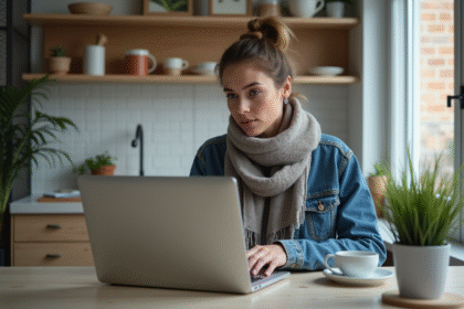 Femme en denim et foulard travaillant chez elle
