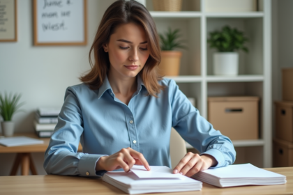 Femme organisée en bureau à domicile en train d'envoyer du courrier