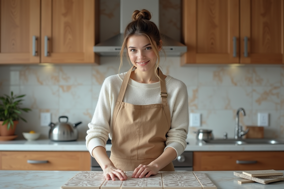 Jeune femme appliquant des carreaux de cuisine avec concentration