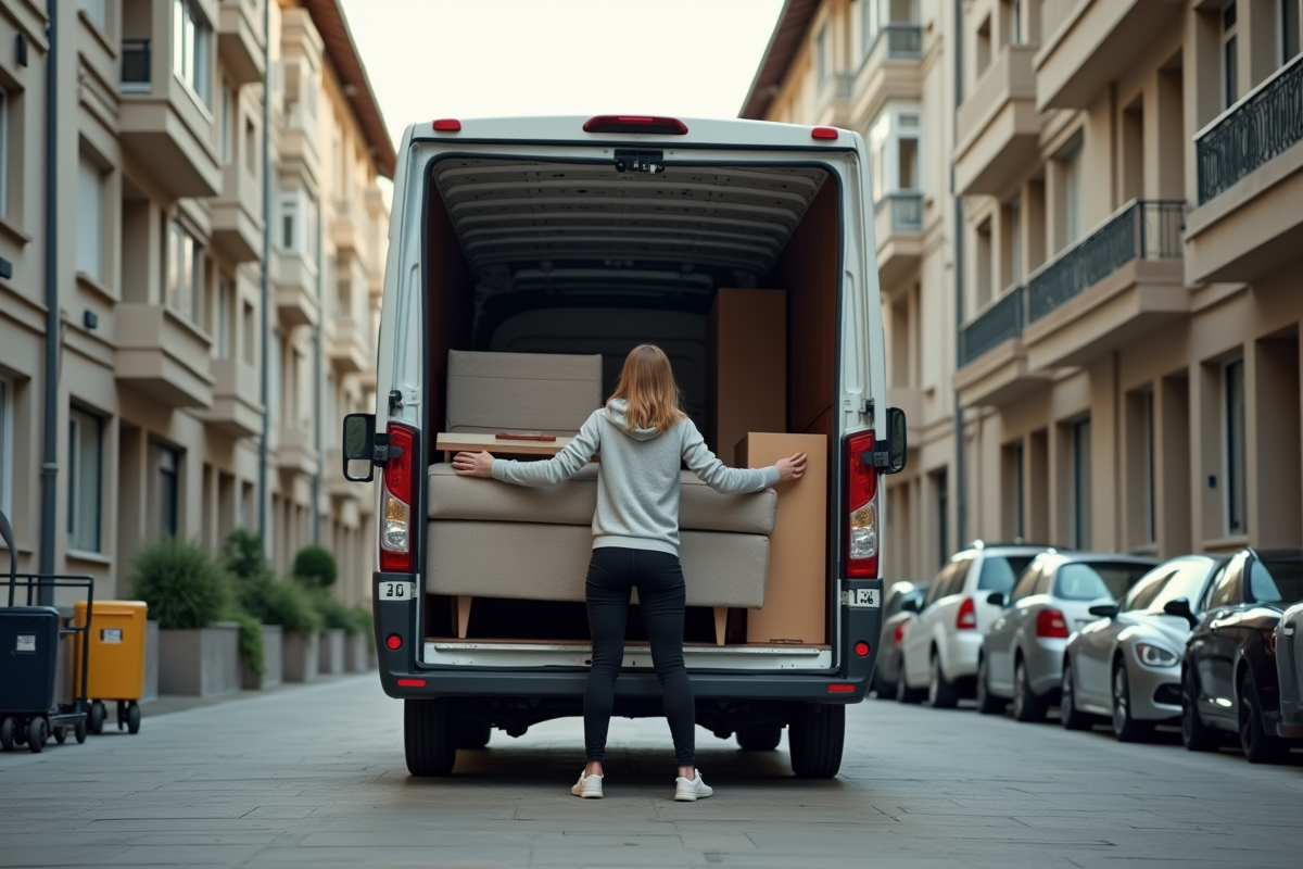Jeune femme chargeant un canapé dans un camion de déménagement