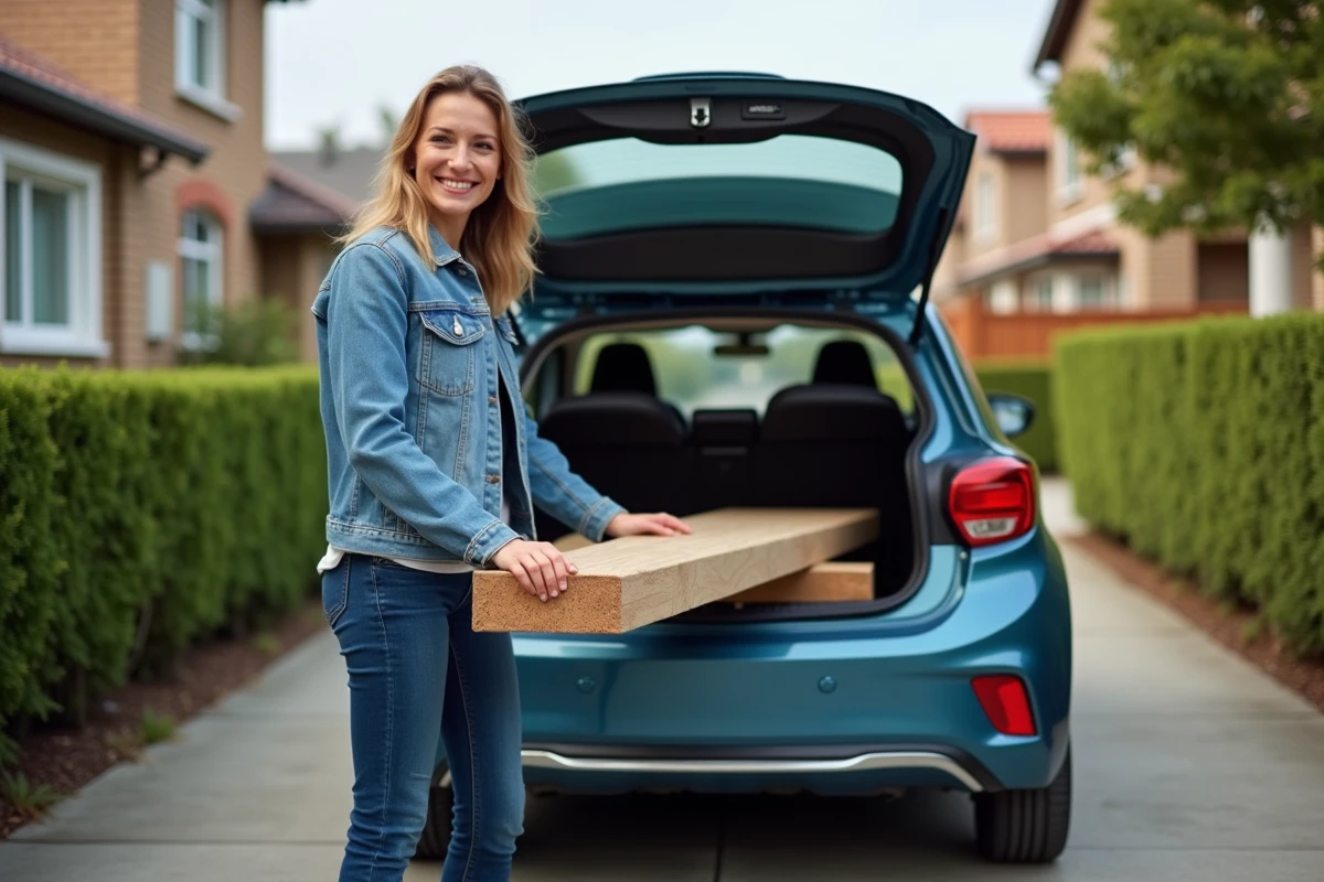 Femme souriante charge une traverse en bois dans sa voiture