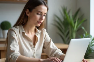 Jeune femme consultant son contrat d'assurance habitation Acheel sur un ordinateur portable dans une cuisine moderne
