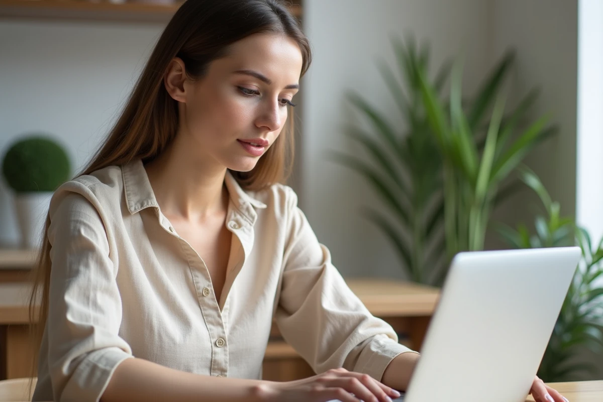 Jeune femme consultant son contrat d'assurance habitation Acheel sur un ordinateur portable dans une cuisine moderne