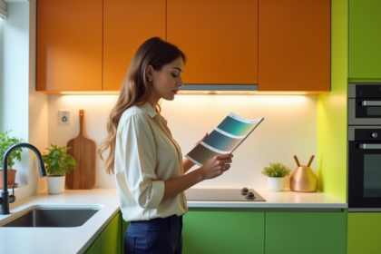 Femme contemplant un nuancier dans une cuisine moderne