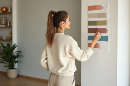 Femme regardant des échantillons de peinture sur un mur moderne