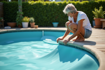 Femme posant près d'une piscine de jardin avec couverture