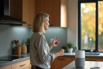 Femme utilisant une enceinte connectée dans une cuisine moderne pour gérer sa maison intelligente au quotidien