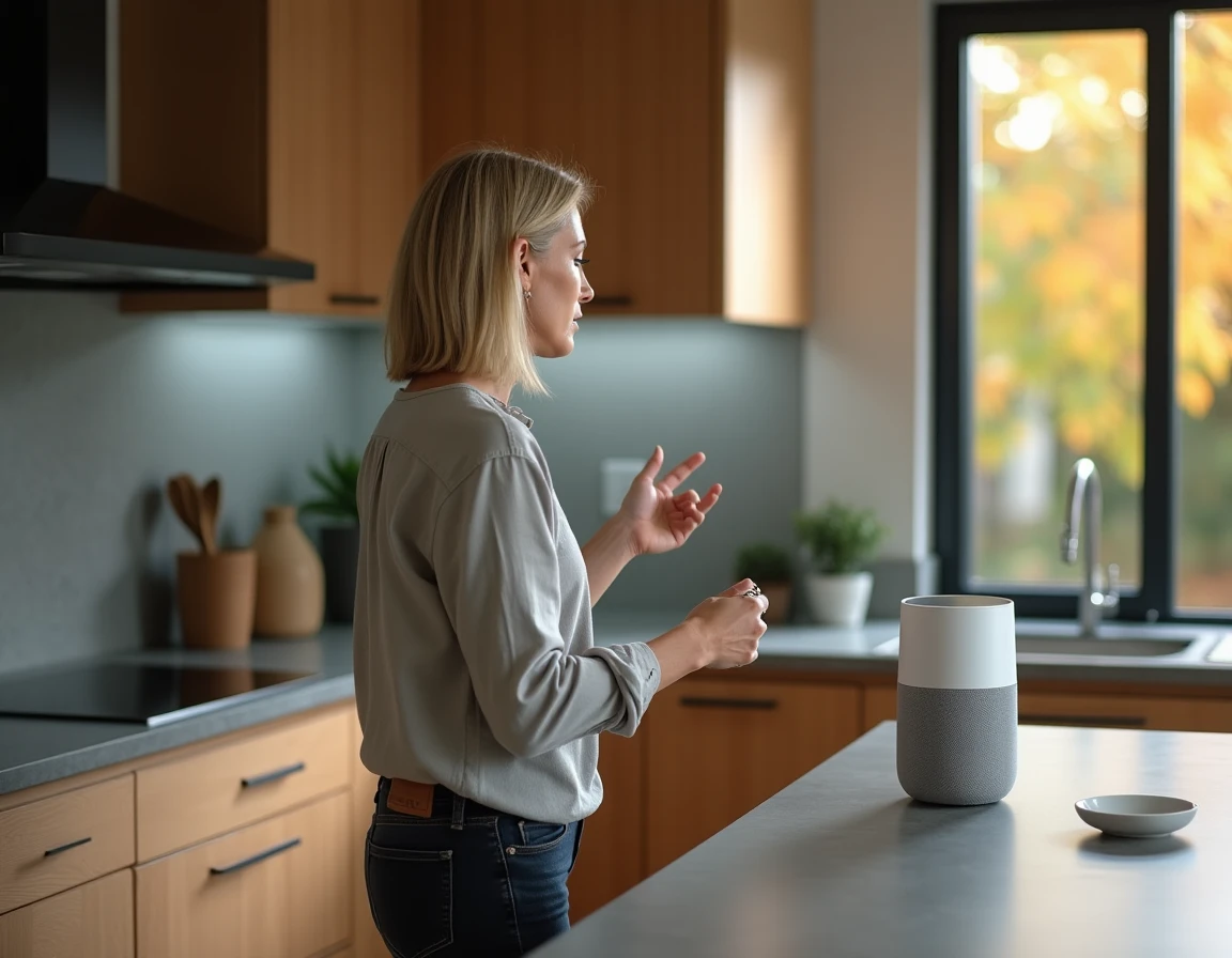 Femme utilisant une enceinte connectée dans une cuisine moderne pour gérer sa maison intelligente au quotidien