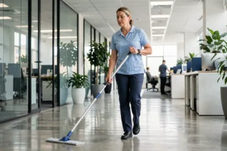 Femme de ménage en uniforme professionnel poussant une serpillière dans un couloir de bureau moderne