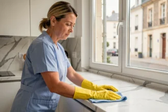 Femme de ménage professionnelle en uniforme bleu nettoyant un plan de travail dans une cuisine moderne à Longwy