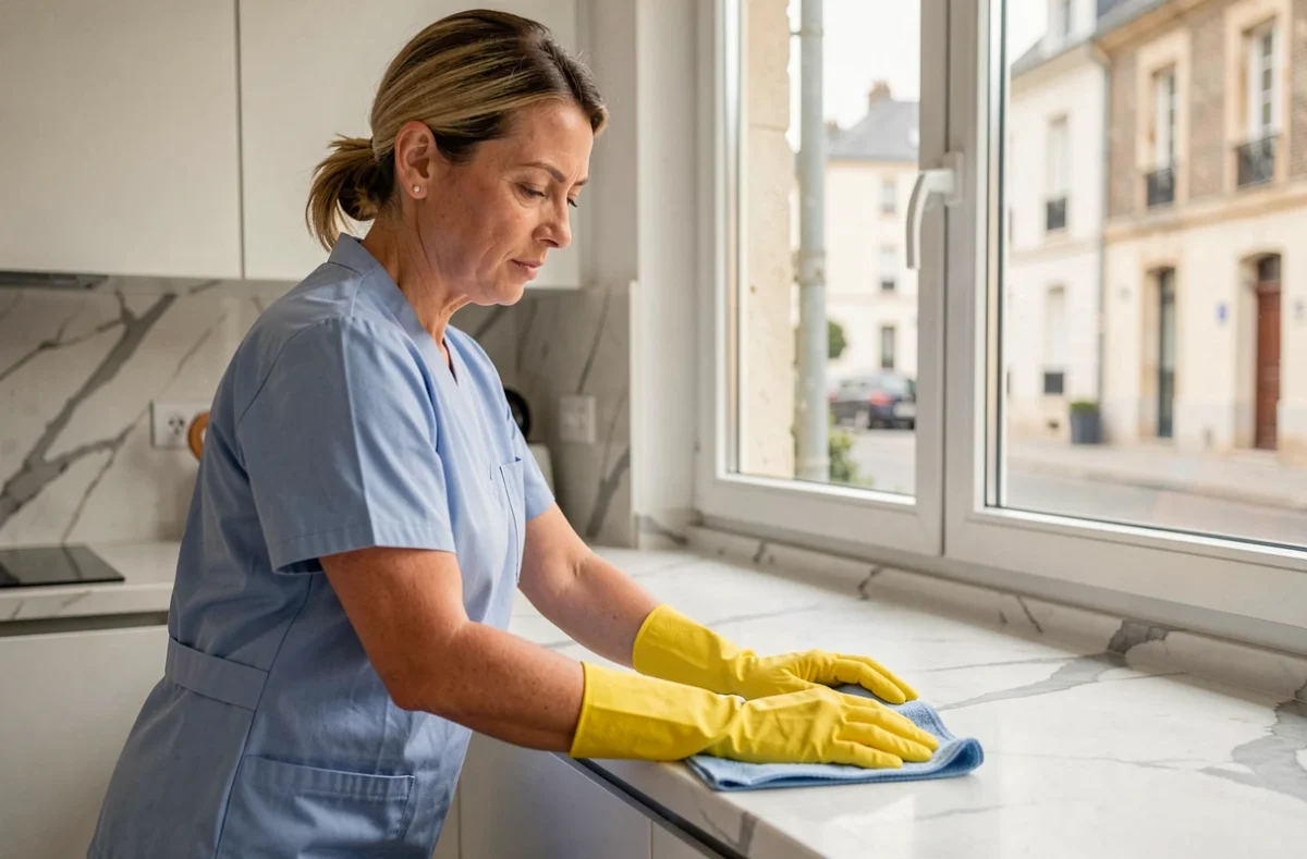 Femme de ménage professionnelle en uniforme bleu nettoyant un plan de travail dans une cuisine moderne à Longwy