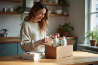 Femme souriante déballant une box à Paris dans une cuisine chaleureuse