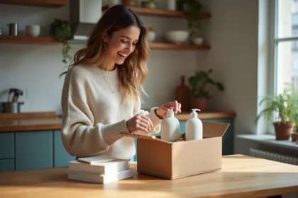 Femme souriante déballant une box à Paris dans une cuisine chaleureuse