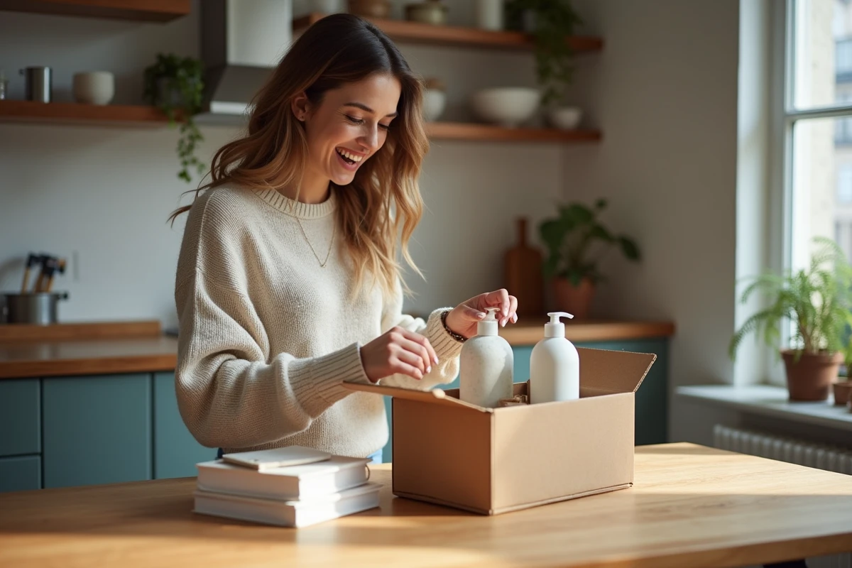 Femme souriante déballant une box à Paris dans une cuisine chaleureuse