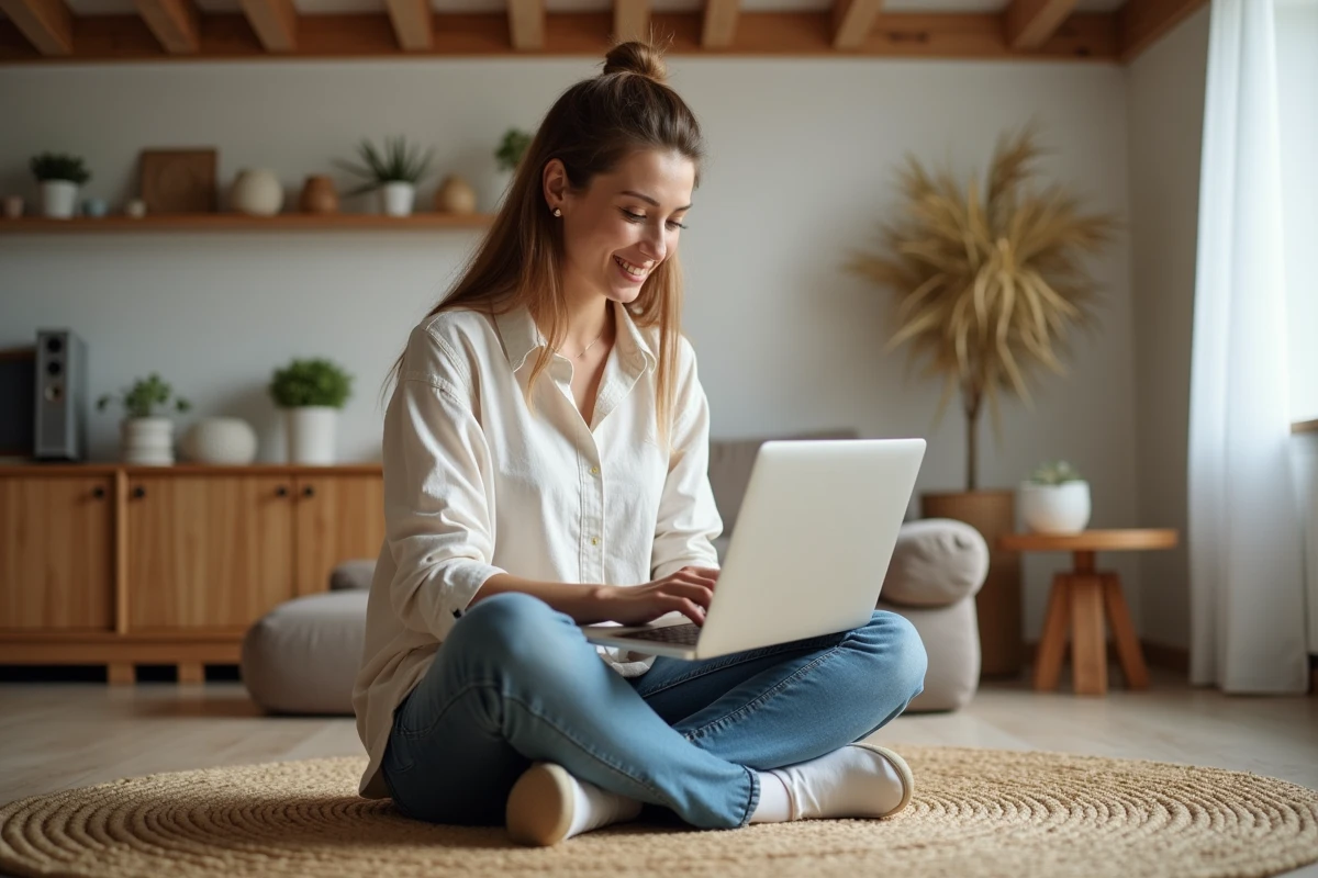 Femme parcourant un site de décoration intérieure sur son ordinateur portable dans un salon style scandinave avec des poutres en bois
