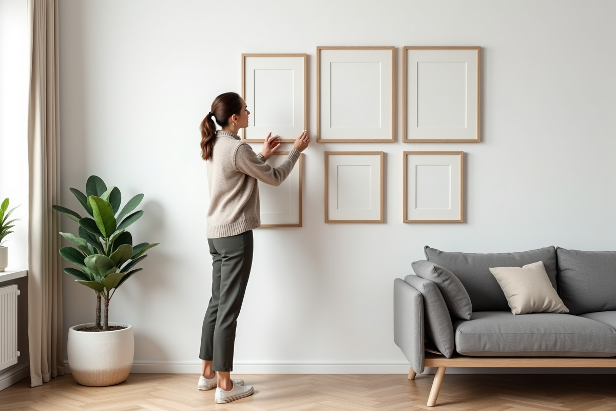 Femme en intérieur moderne arrangeant des cadres muraux