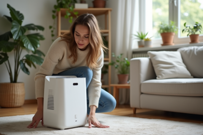Femme posant un dehumidificateur dans un salon cosy
