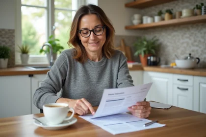 Femme consultant son devis d'assurance habitation ligne par ligne dans une cuisine moderne