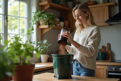 Femme vidant des marc de café dans un composteur à la maison