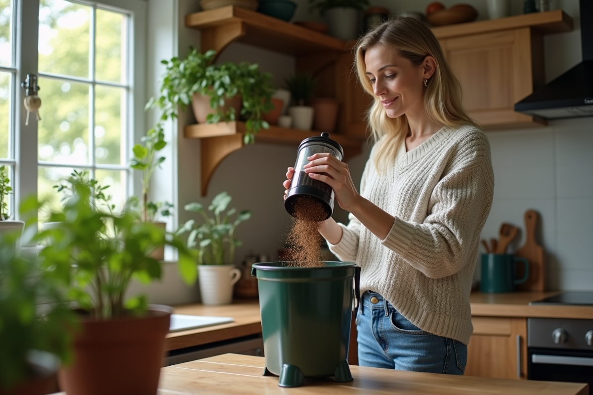 Femme vidant des marc de café dans un composteur à la maison