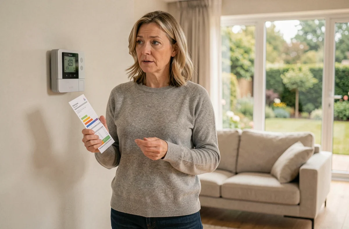 Femme évaluant les économies d'énergie liées à une pompe à chaleur géothermique dans son salon